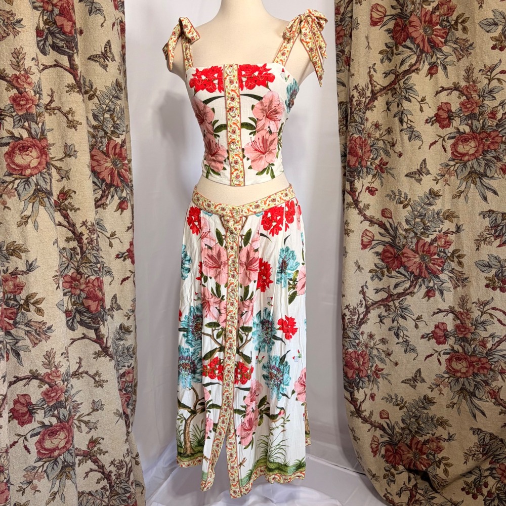 Rose+Olive Resort Floral Two Piece Set White Pink Buttoned Boho Maxi skirt set